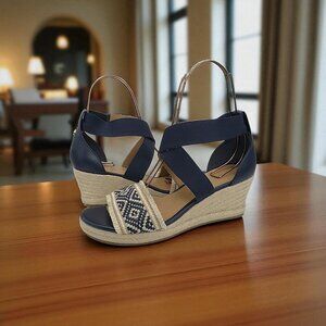 Tommy Hilfiger Gemina Wedge Sandals – Navy Elastic Strap Espadrilles – Size 10